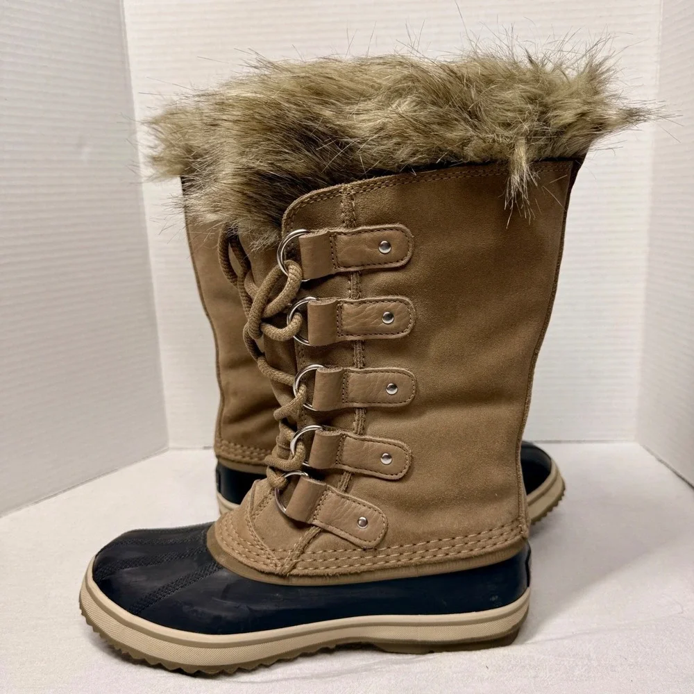 Sorel Joan of Arctic Boots Women 6.5 Waterproof Snow Faux Fur Camel Navy NL3481